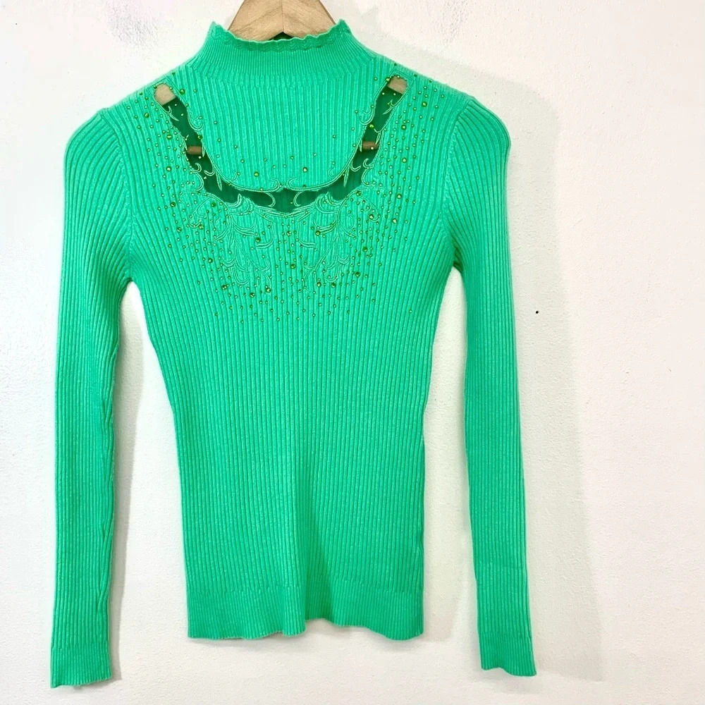 Chao Sheng Cashmere Blend Sweater  Woman Large Green Rib Knit Beads Scallop Neck